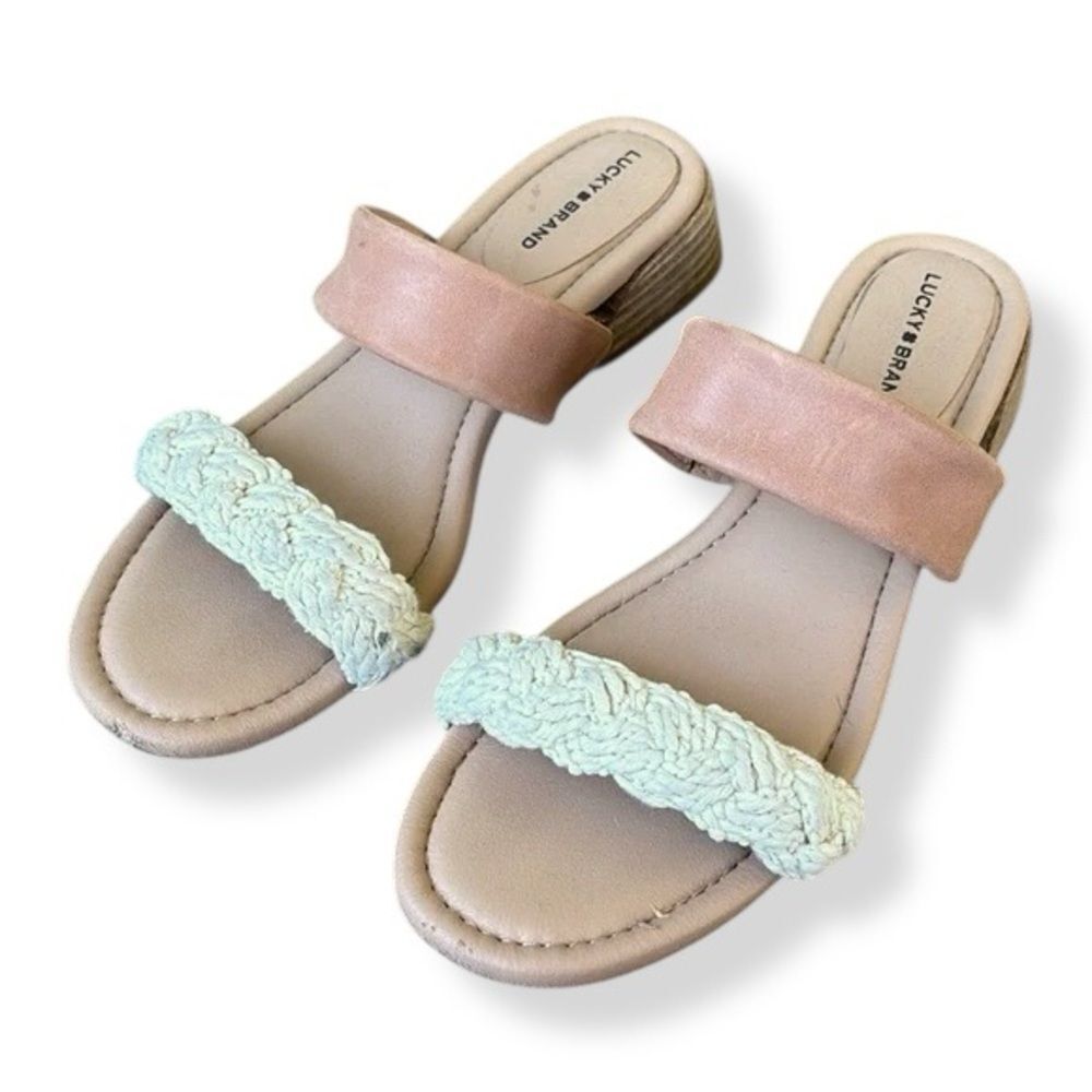 Lucky Brand Tan Leather and Woven Slip On Sandals